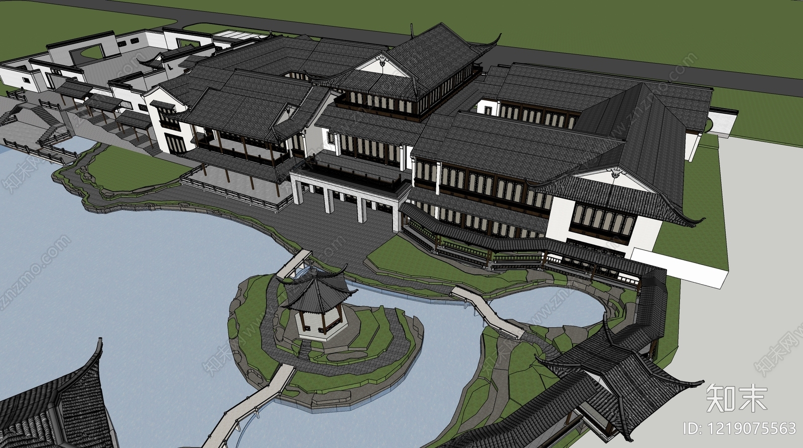 新中式民宿建筑SU模型下载【ID:1219075563】