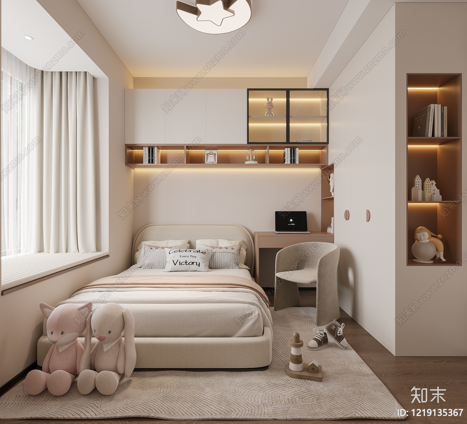 奶油风榻榻米卧室3D模型渲染效果图