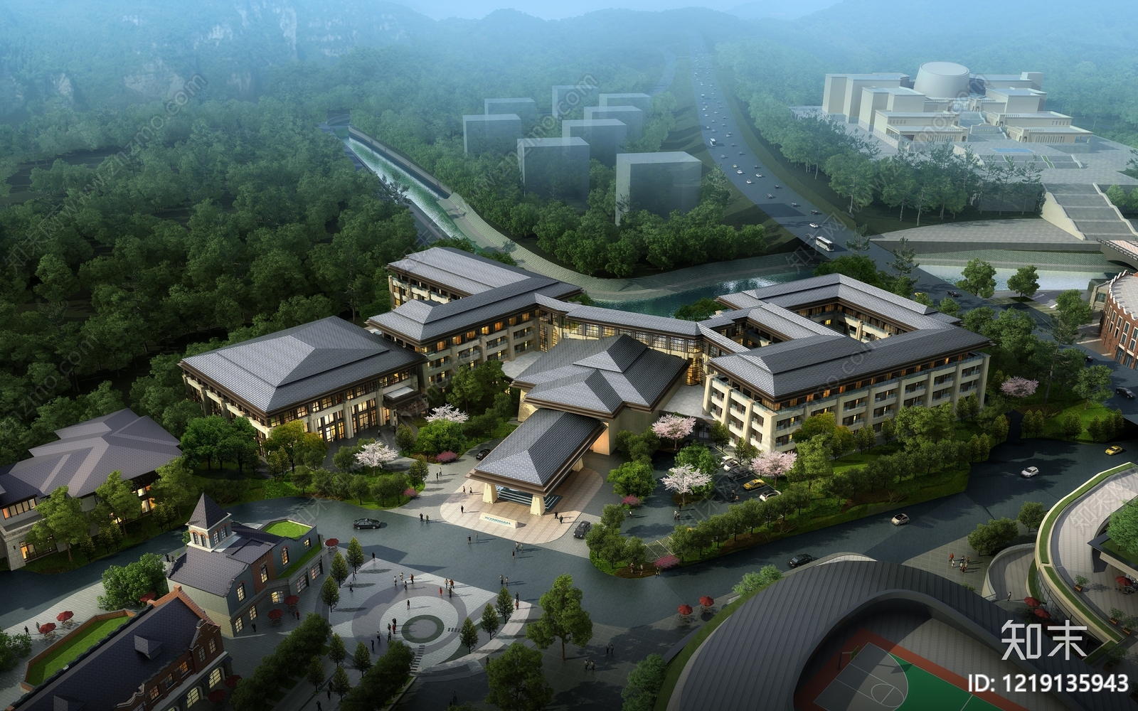新中式酒店建筑3D模型下载【ID:1219135943】