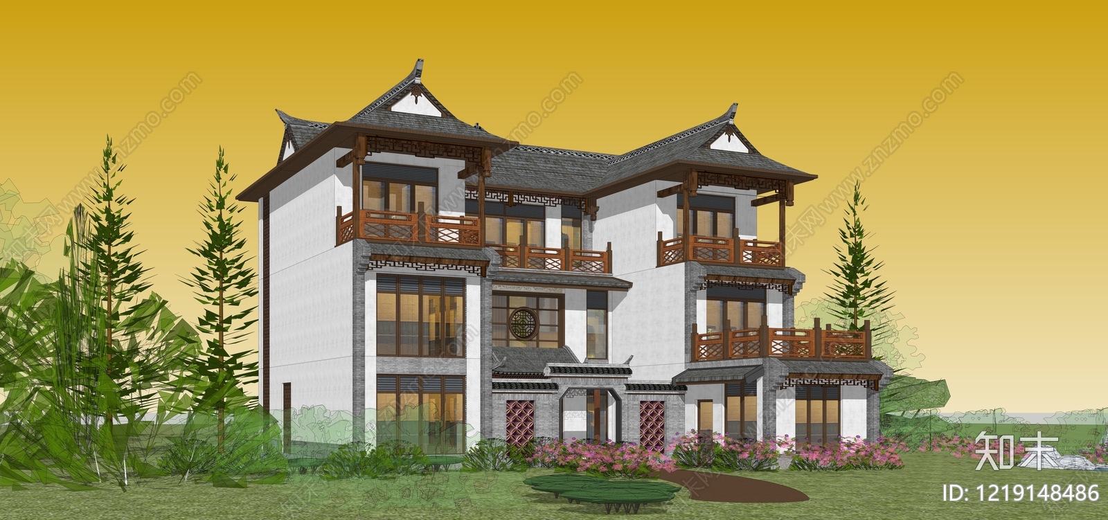 新中式独栋别墅SU模型下载【ID:1219148486】