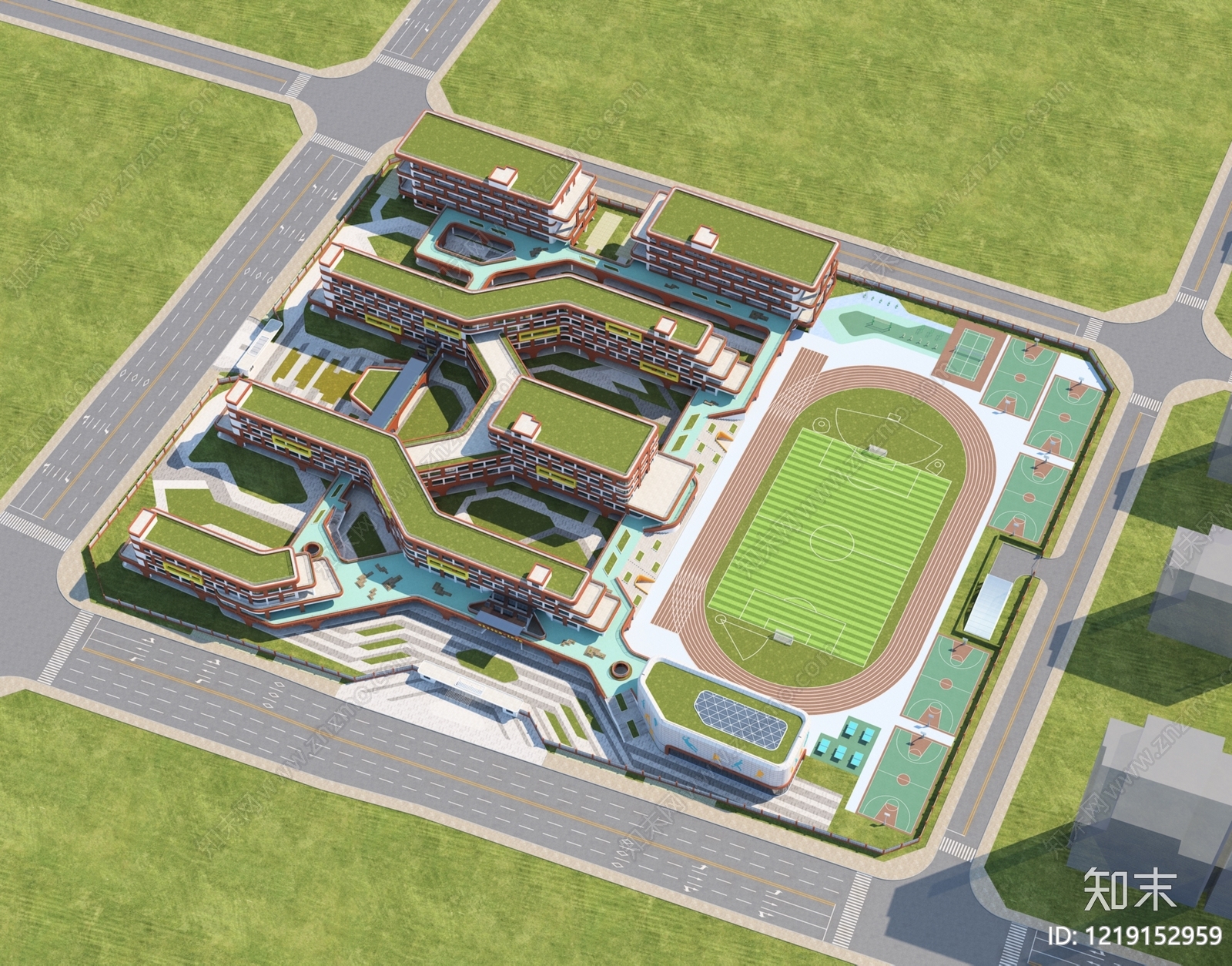 现代主义学校外观3D模型渲染效果图