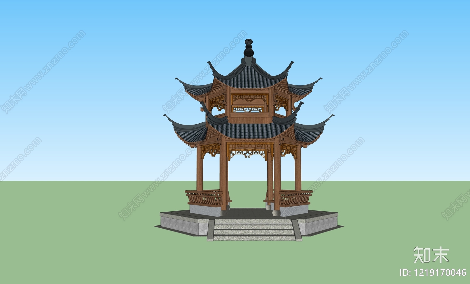新中式古建筑SU模型下载【ID:1219170046】