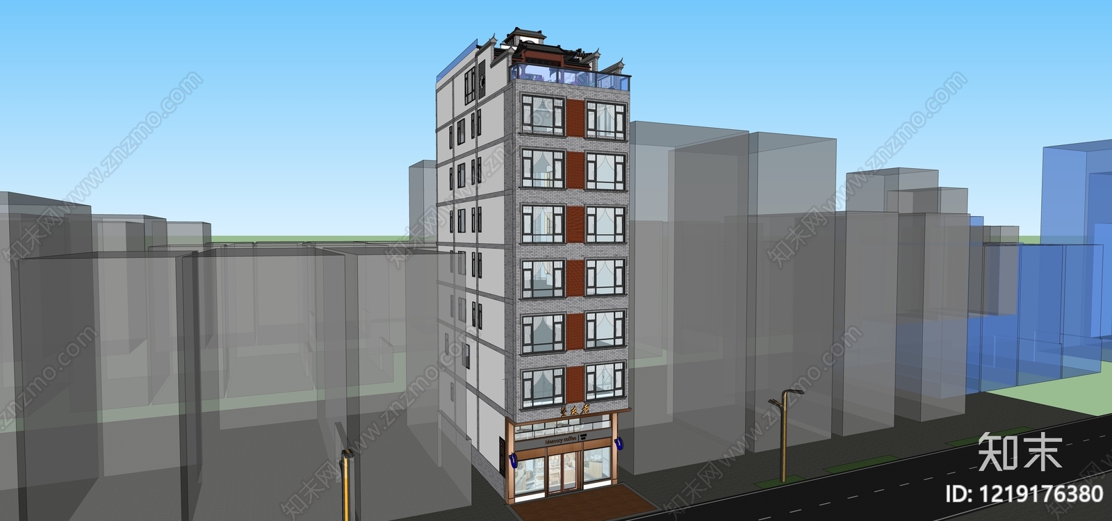 新中式民宿建筑SU模型下载【ID:1219176380】