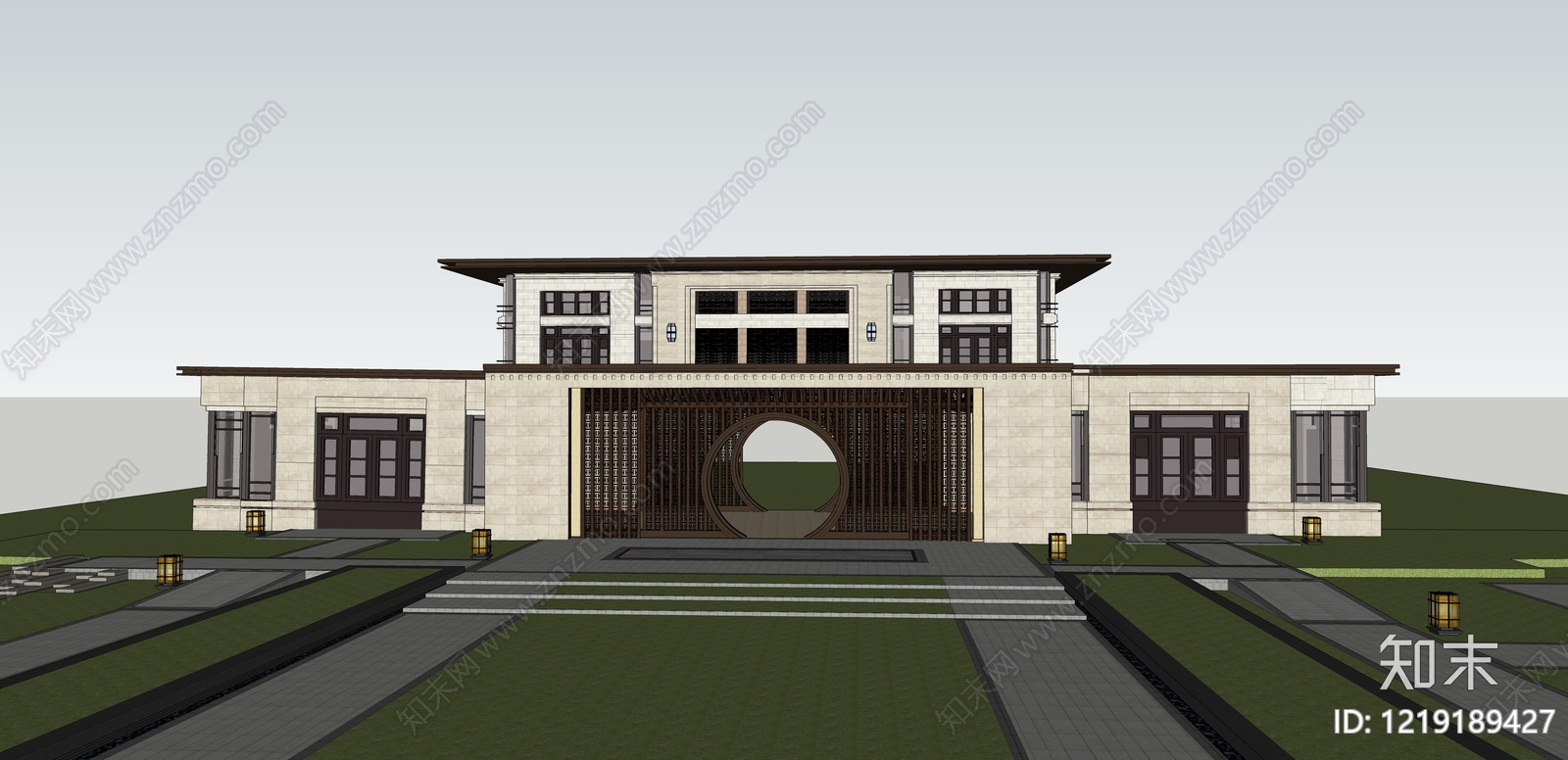 新中式售楼处建筑SU模型下载【ID:1219189427】