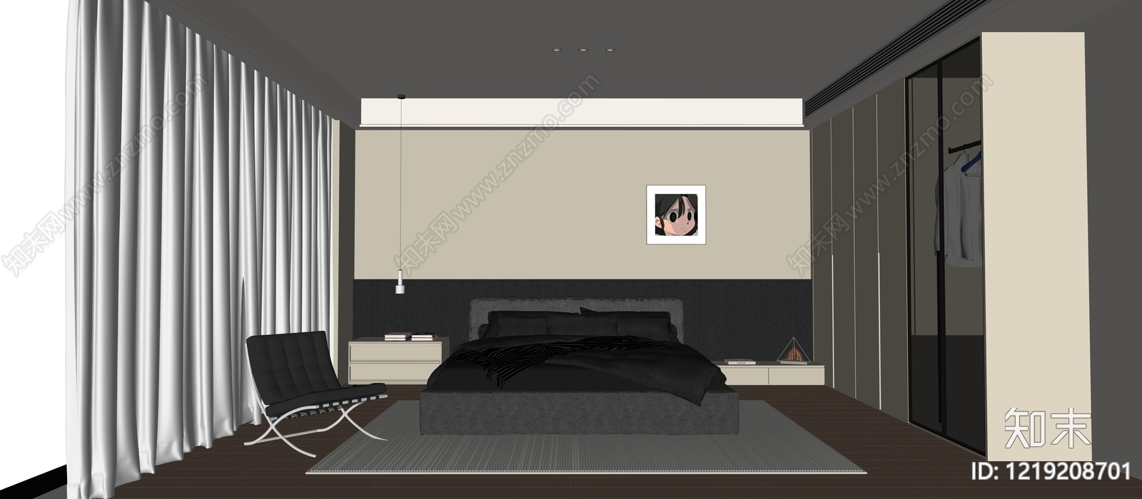 极简黑白灰卧室3D模型下载【ID:1219208701】