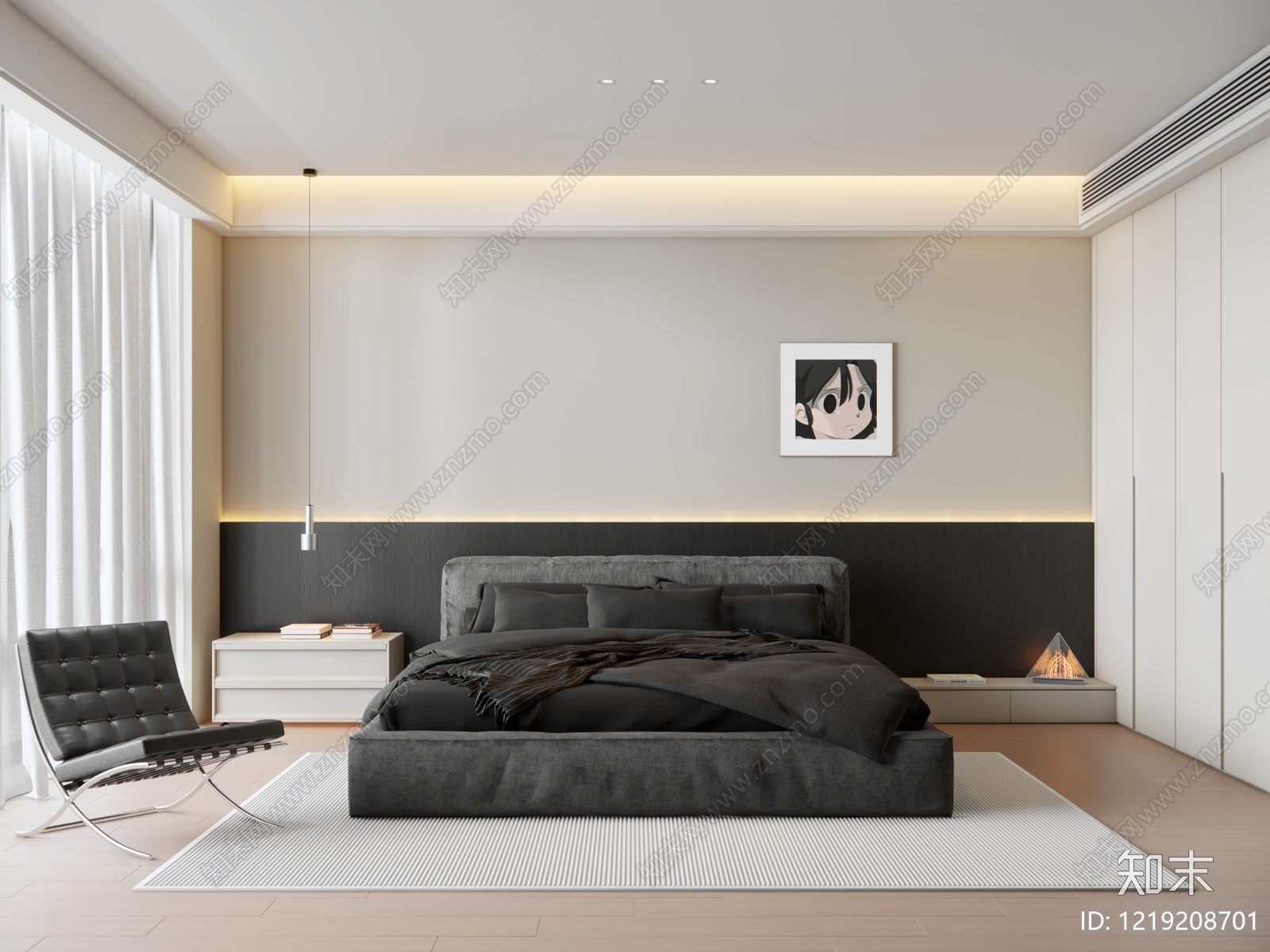 极简黑白灰卧室3D模型下载【ID:1219208701】