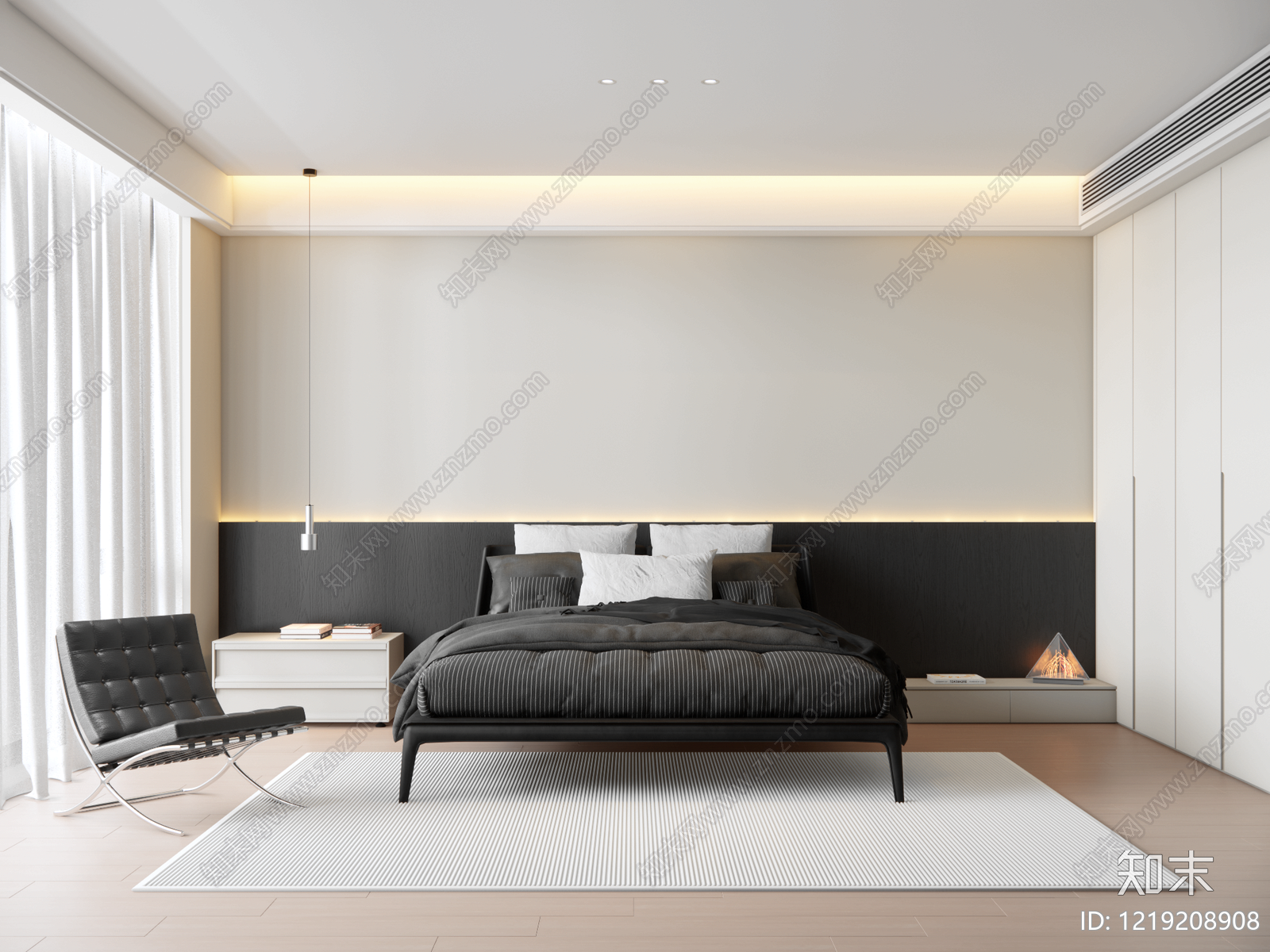 极简黑白灰卧室3D模型下载【ID:1219208908】