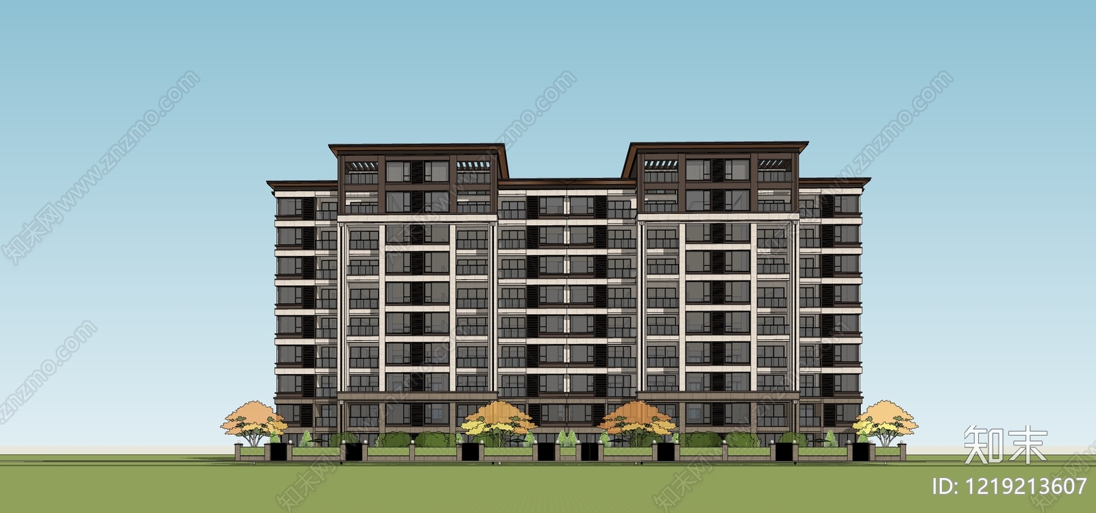 新中式小高层住宅楼SU模型下载【ID:1219213607】