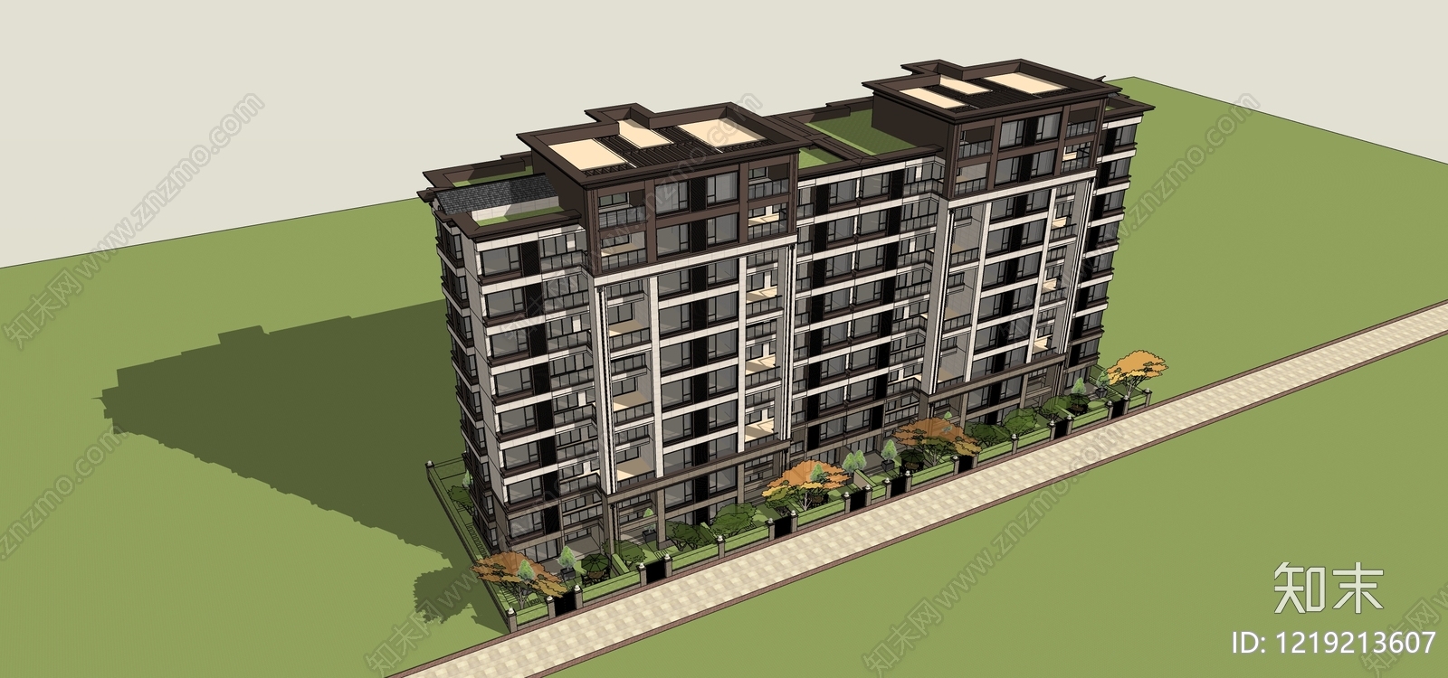 新中式小高层住宅楼SU模型下载【ID:1219213607】
