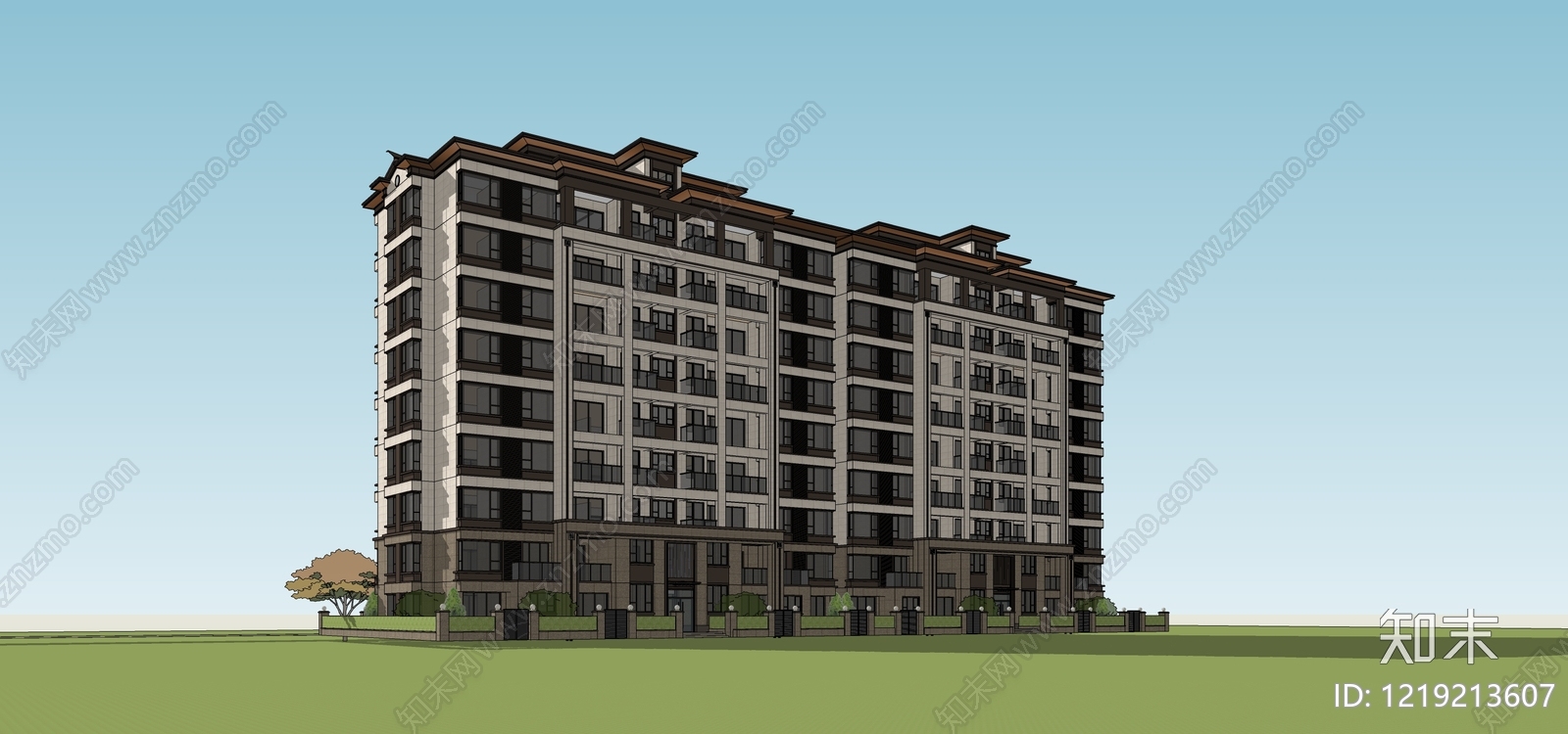 新中式小高层住宅楼SU模型下载【ID:1219213607】
