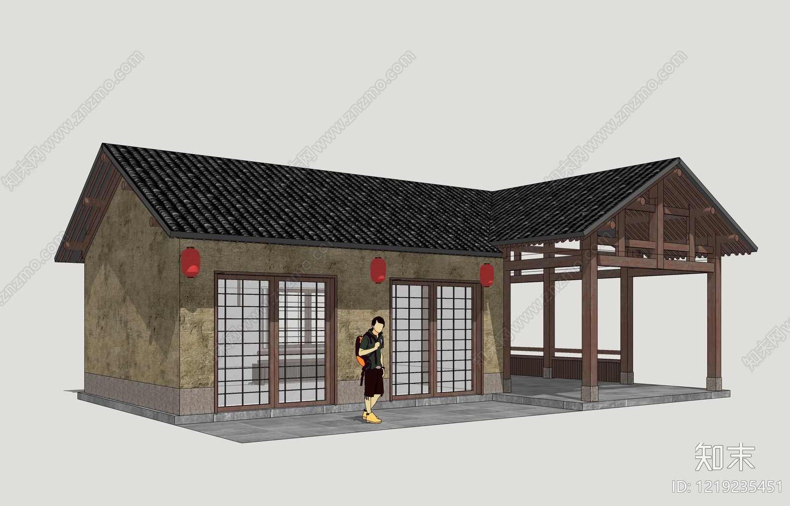 新中式民宿建筑SU模型下载【ID:1219235451】