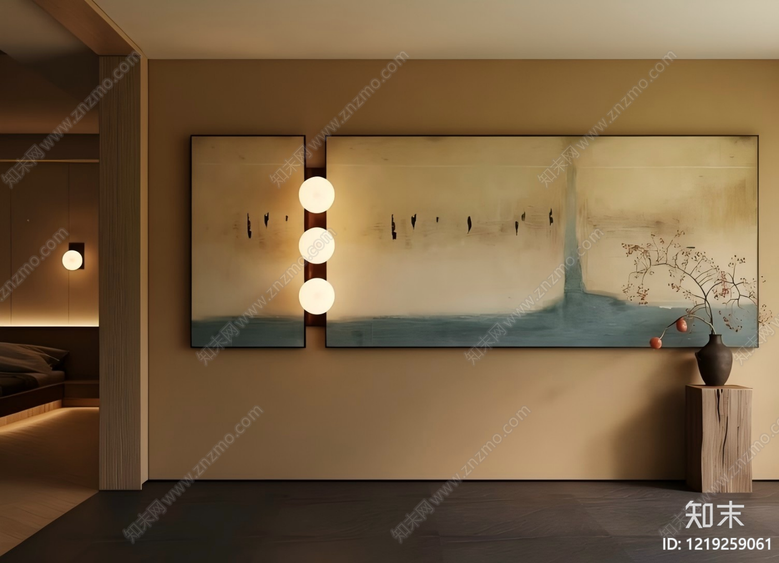 侘寂挂画3D模型渲染效果图