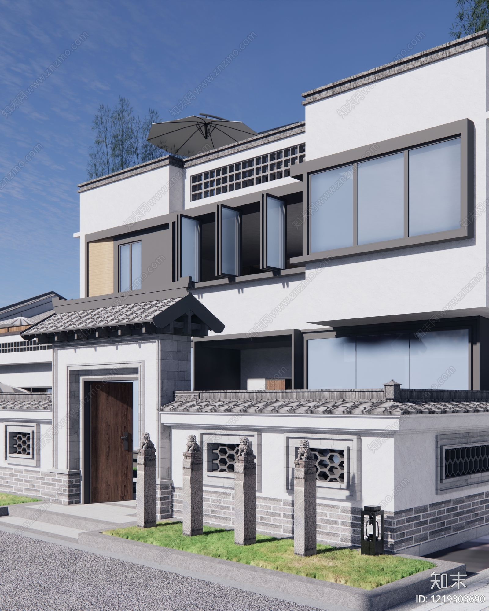 新中式民宿建筑SU模型下载【ID:1219303690】