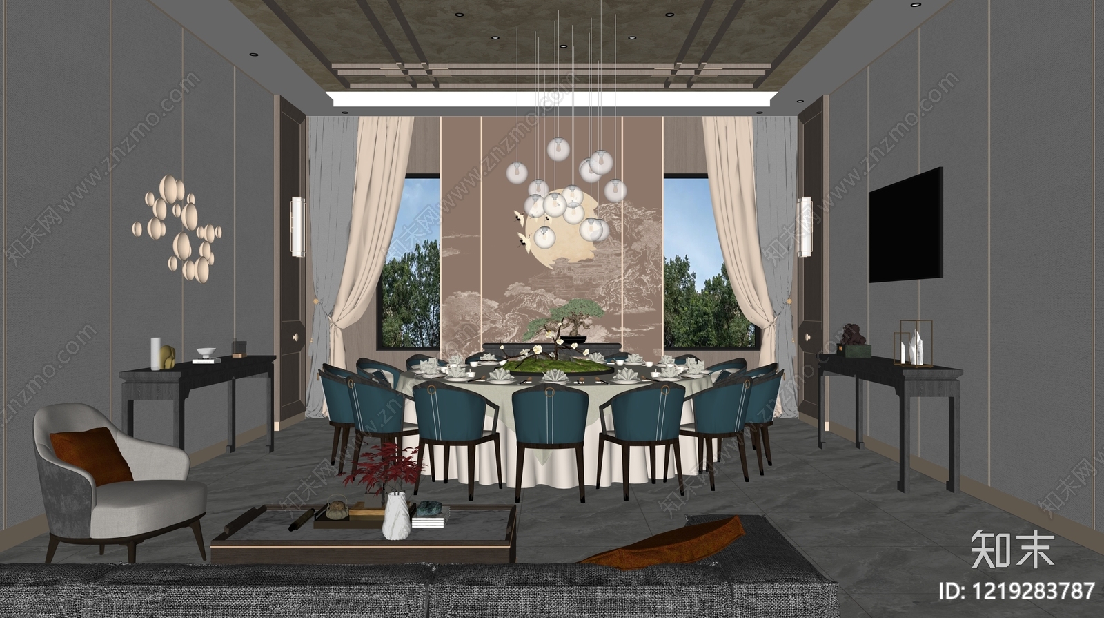 新中式包厢SU模型下载【ID:1219283787】