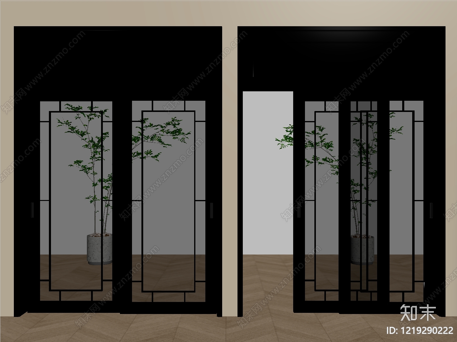 新中式推拉门SU模型下载【ID:1219290222】