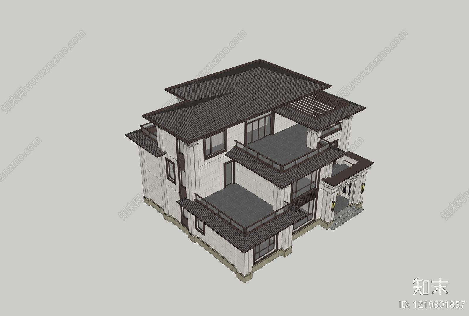 新中式独栋别墅SU模型下载【ID:1219301857】