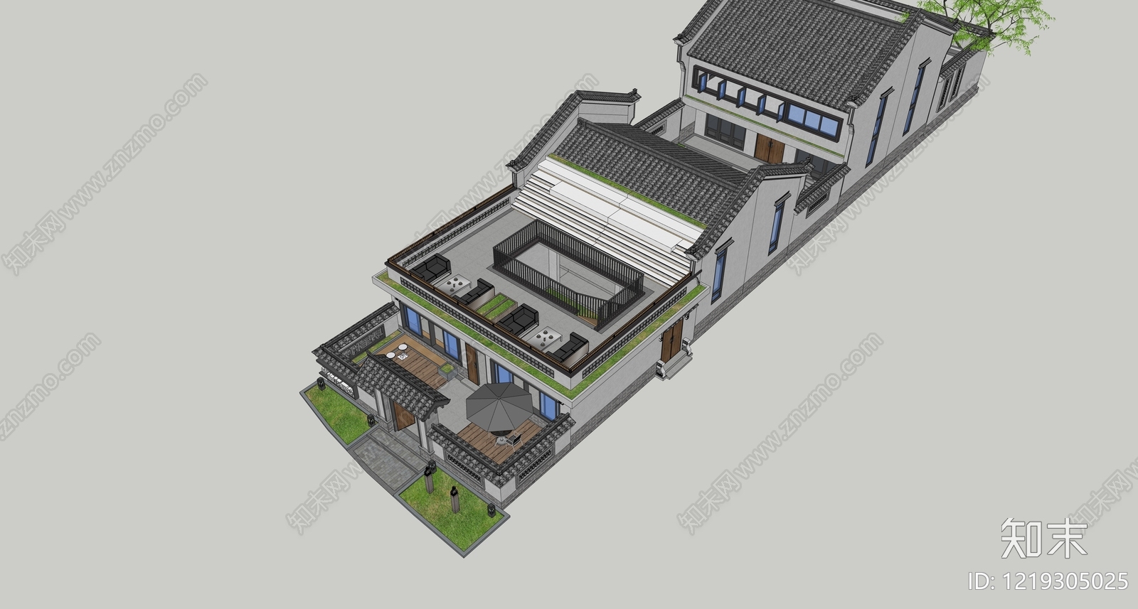 新中式民宿建筑SU模型下载【ID:1219305025】