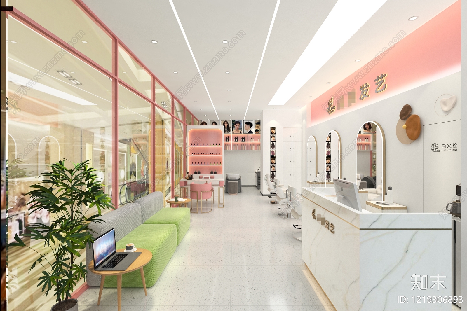 奶油风美发店3D模型渲染效果图