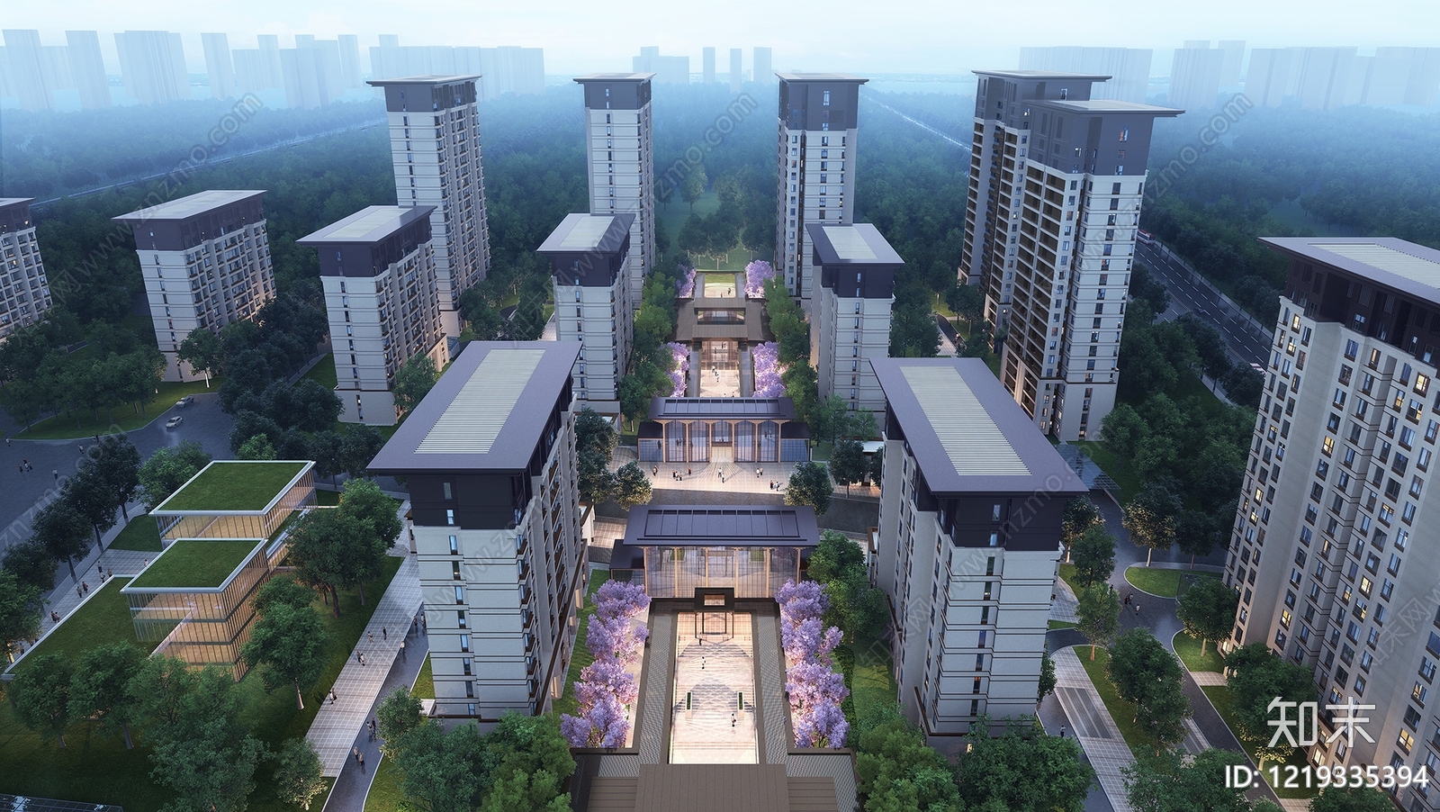 新中式小高层住宅楼3D模型渲染效果图