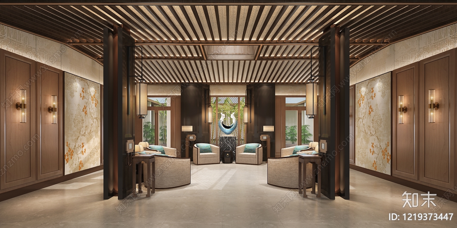 新中式酒店客房3D模型下载【ID:1219373447】