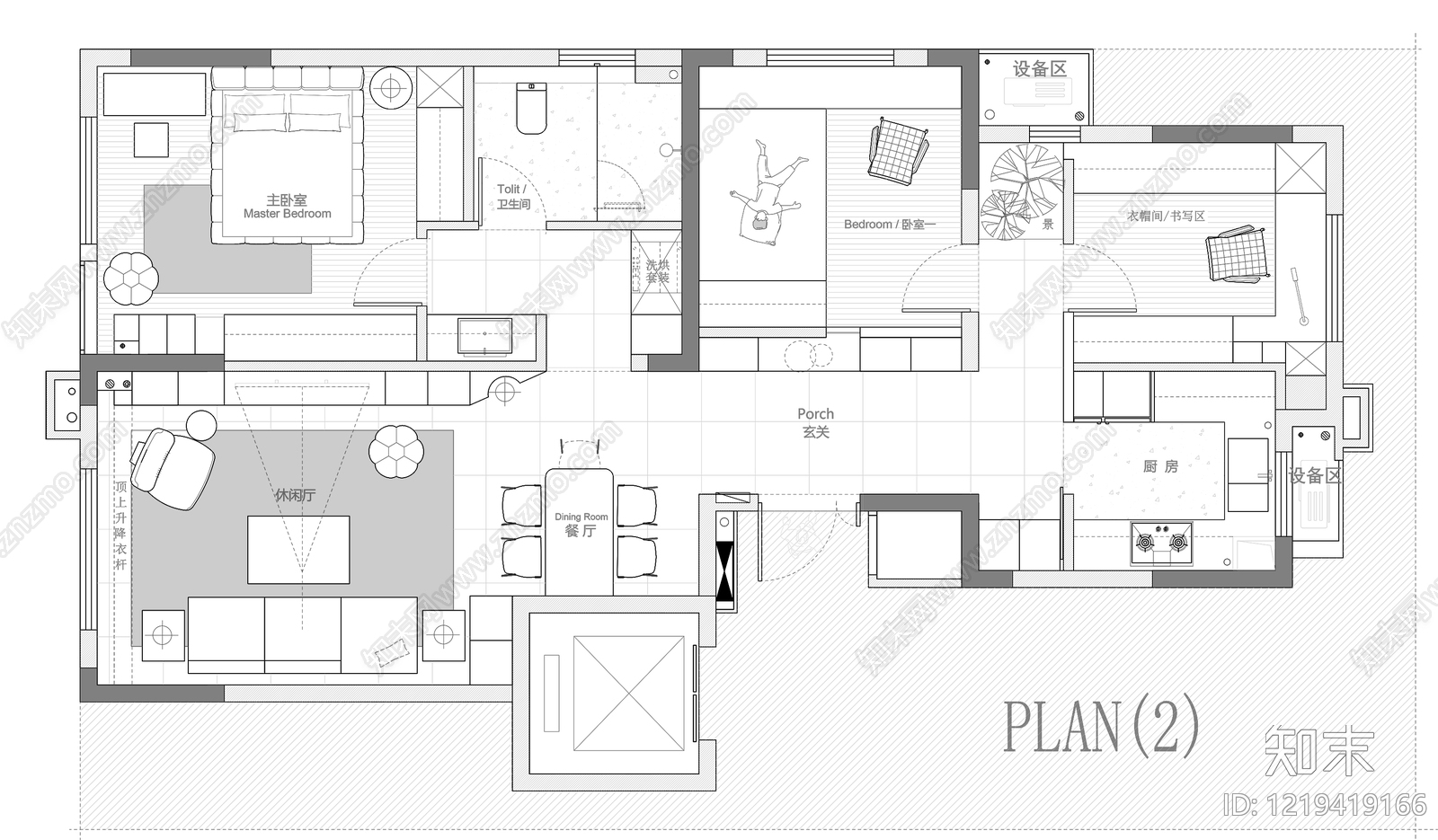 小户型平层cad施工图下载【ID:1219419166】
