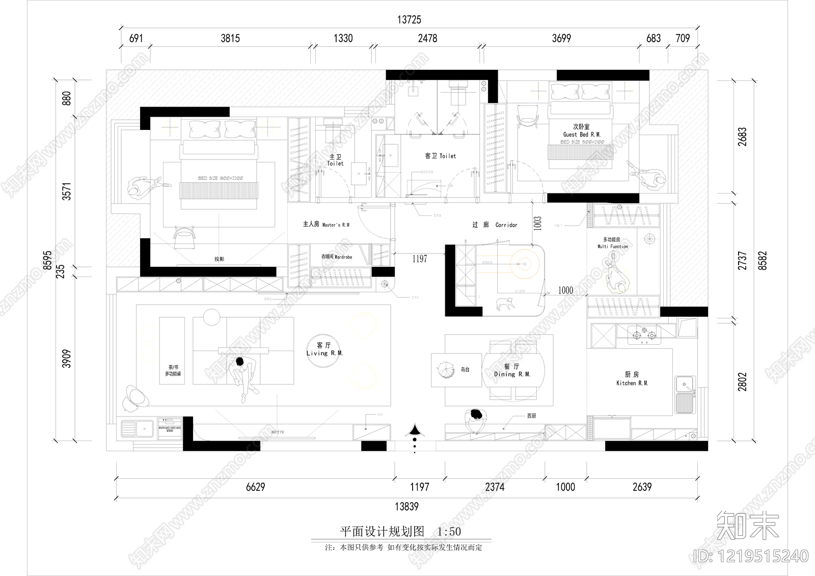 小户型平层cad施工图下载【ID:1219515240】