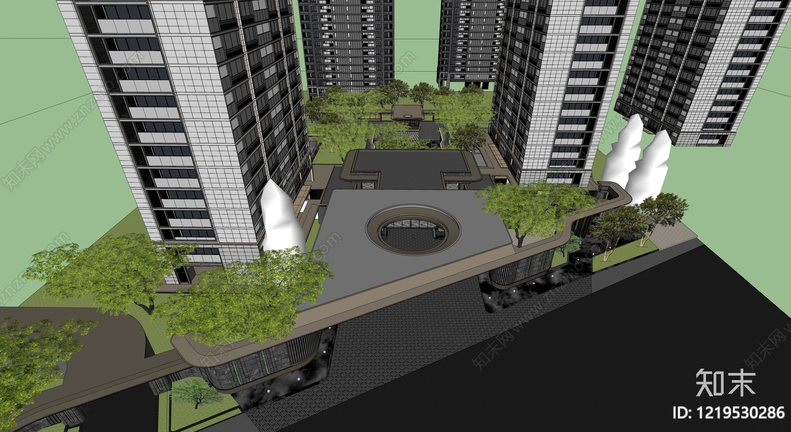 新中式小高层住宅楼SU模型下载【ID:1219530286】