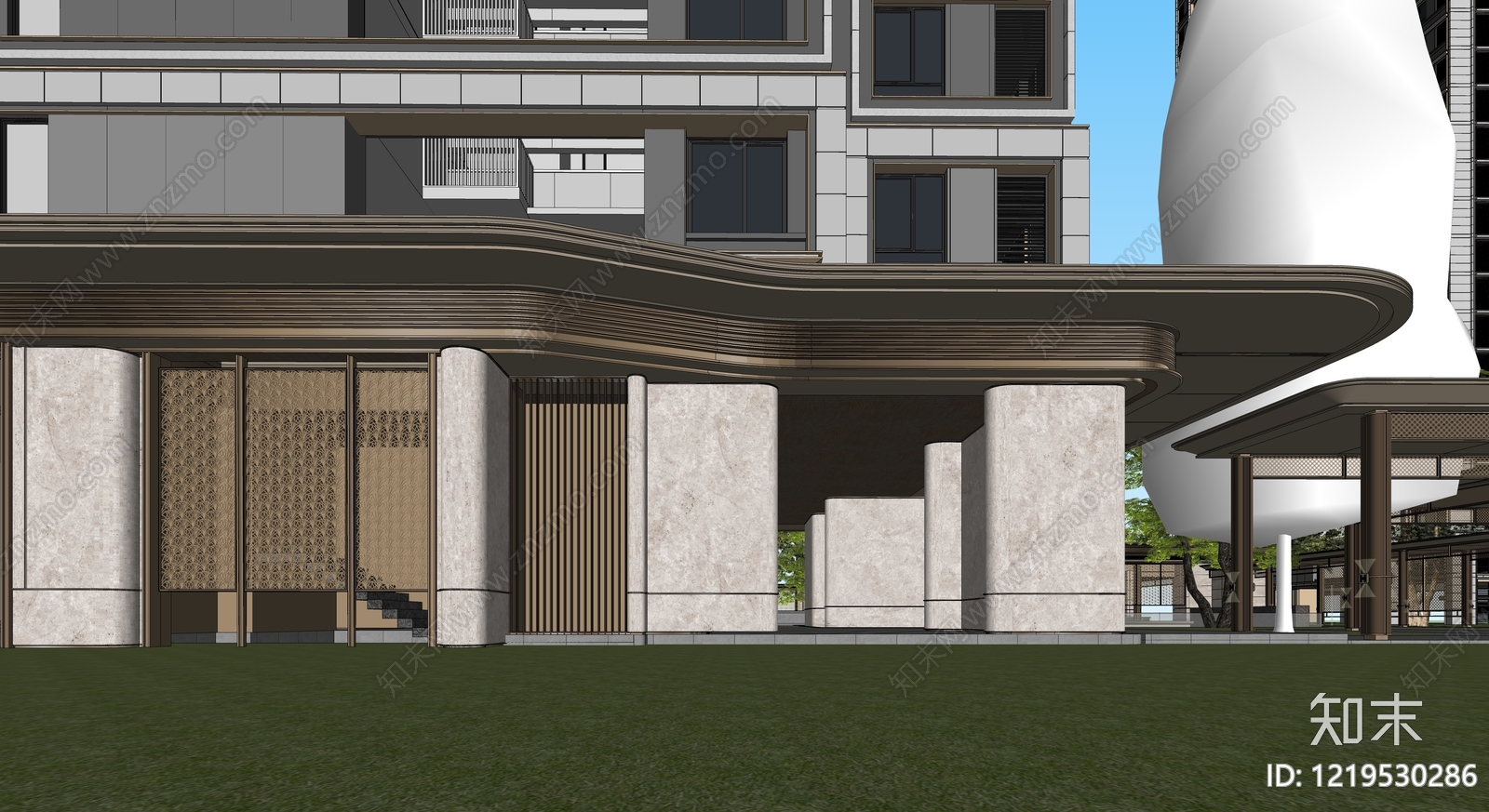 新中式小高层住宅楼SU模型下载【ID:1219530286】