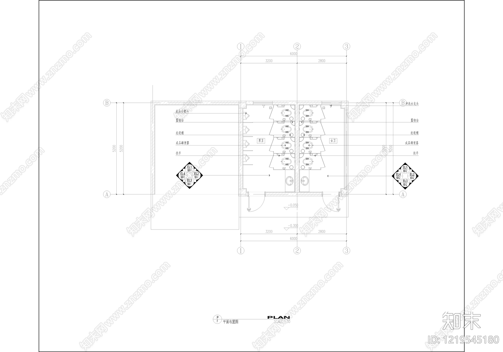 公共卫生间cad施工图下载【ID:1219545180】