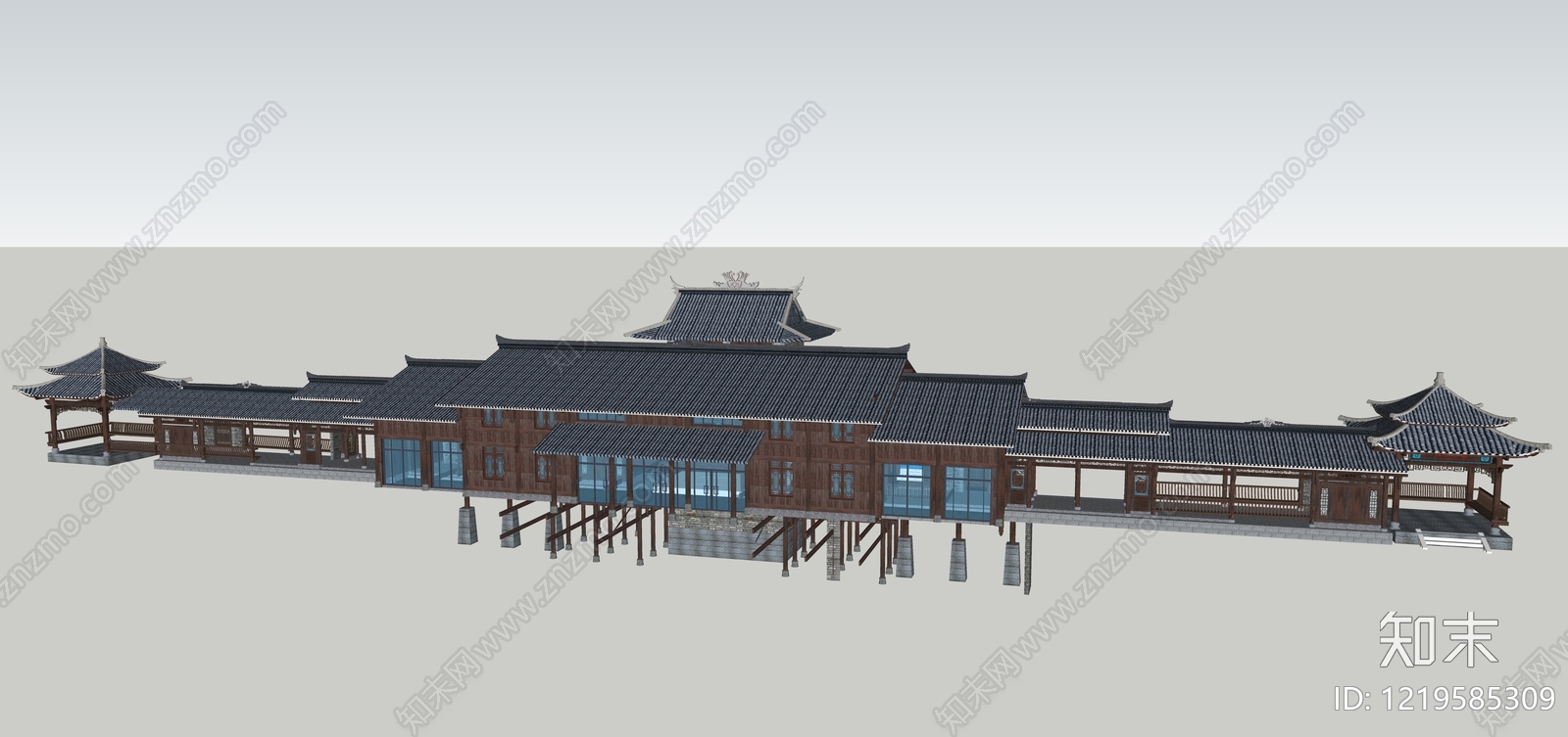 新中式风格建筑SU模型下载【ID:1219585309】