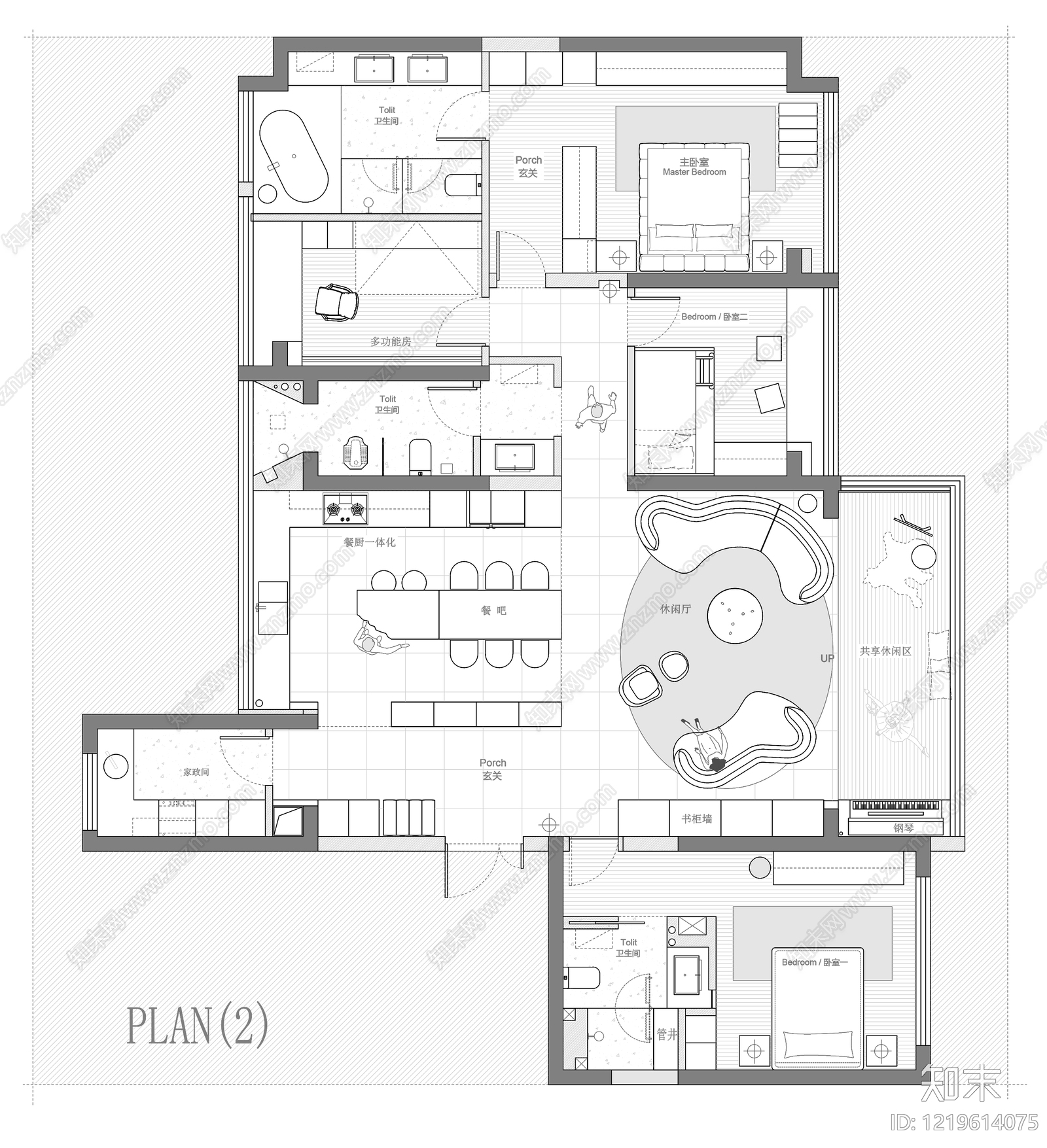 小户型平层cad施工图下载【ID:1219614075】