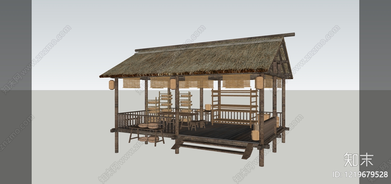 中式乡土风格餐饮建筑SU模型下载【ID:1219679528】