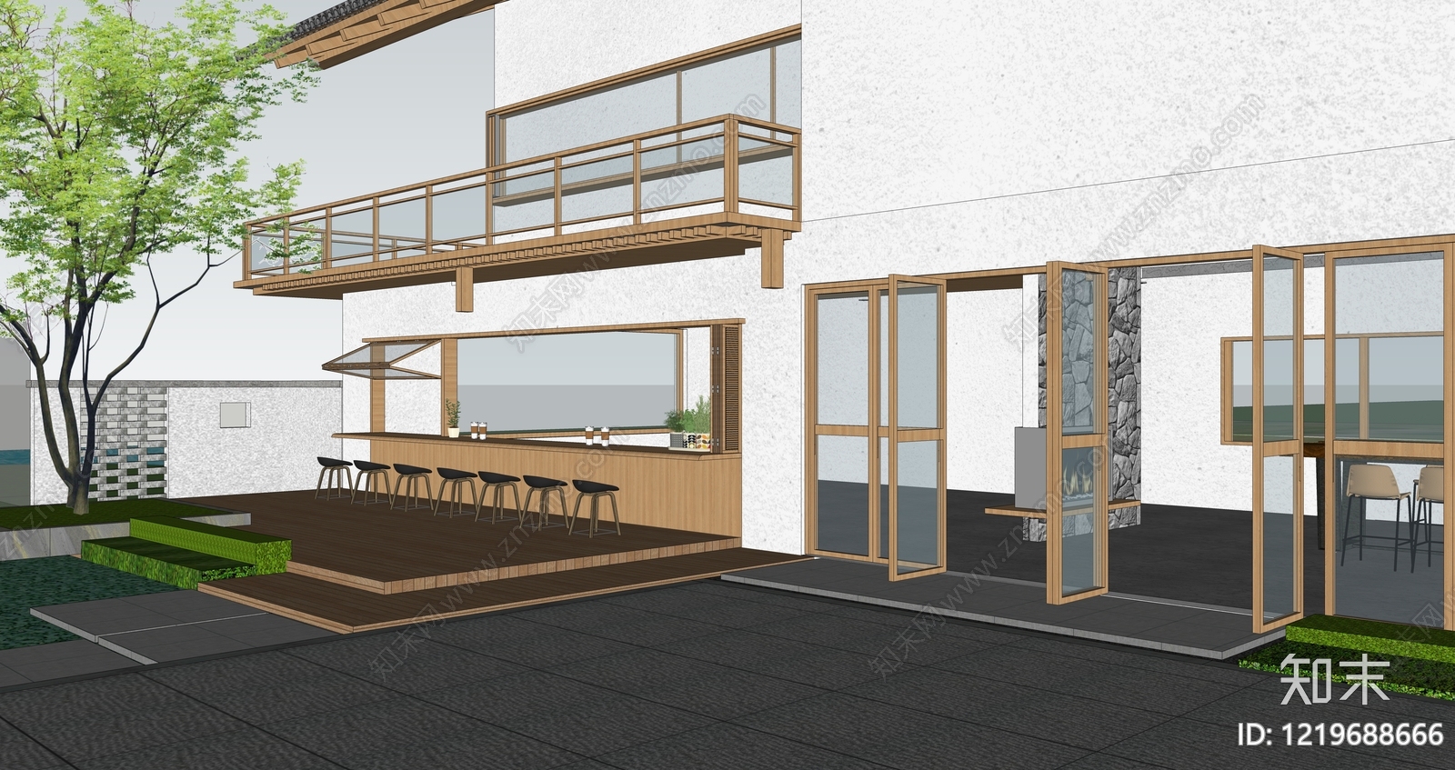 新中式民宿建筑SU模型下载【ID:1219688666】