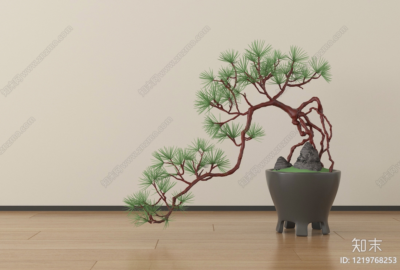 新中式绿植摆件3D模型渲染效果图