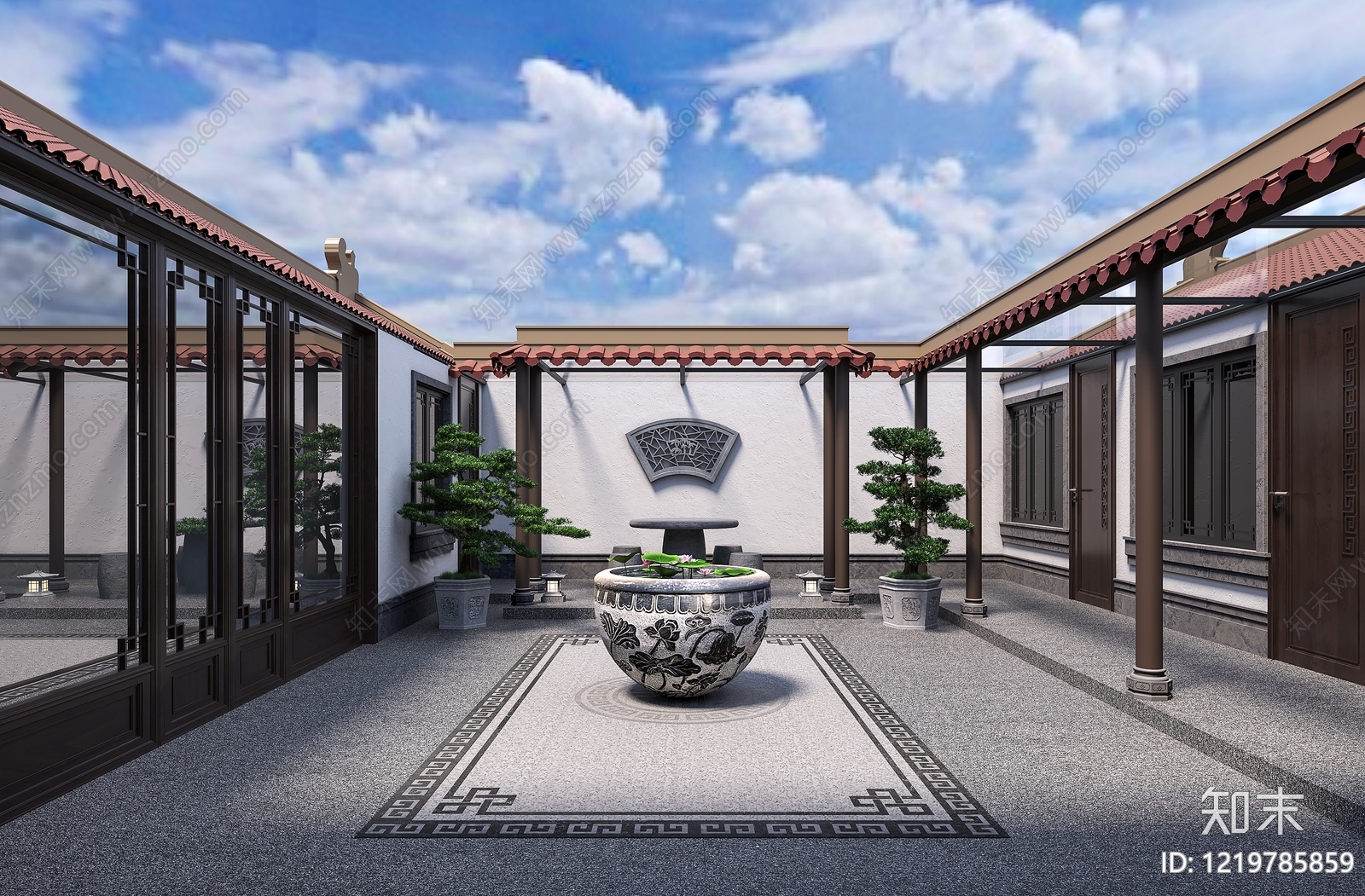 新中式四合院3D模型渲染效果图