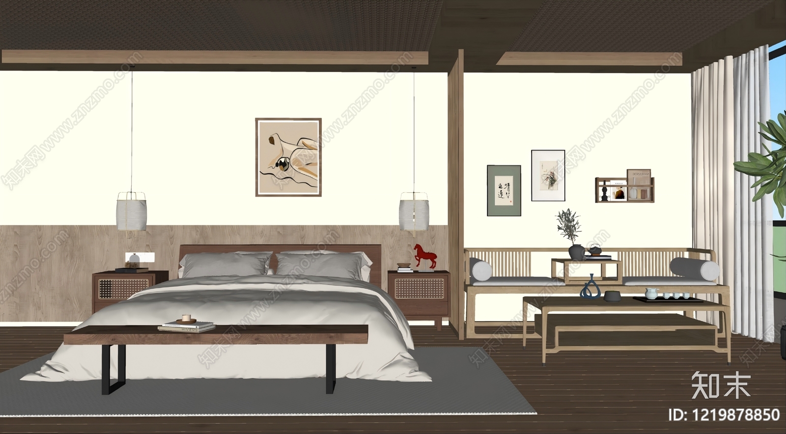 新中式套房卧室SU模型下载【ID:1219878850】