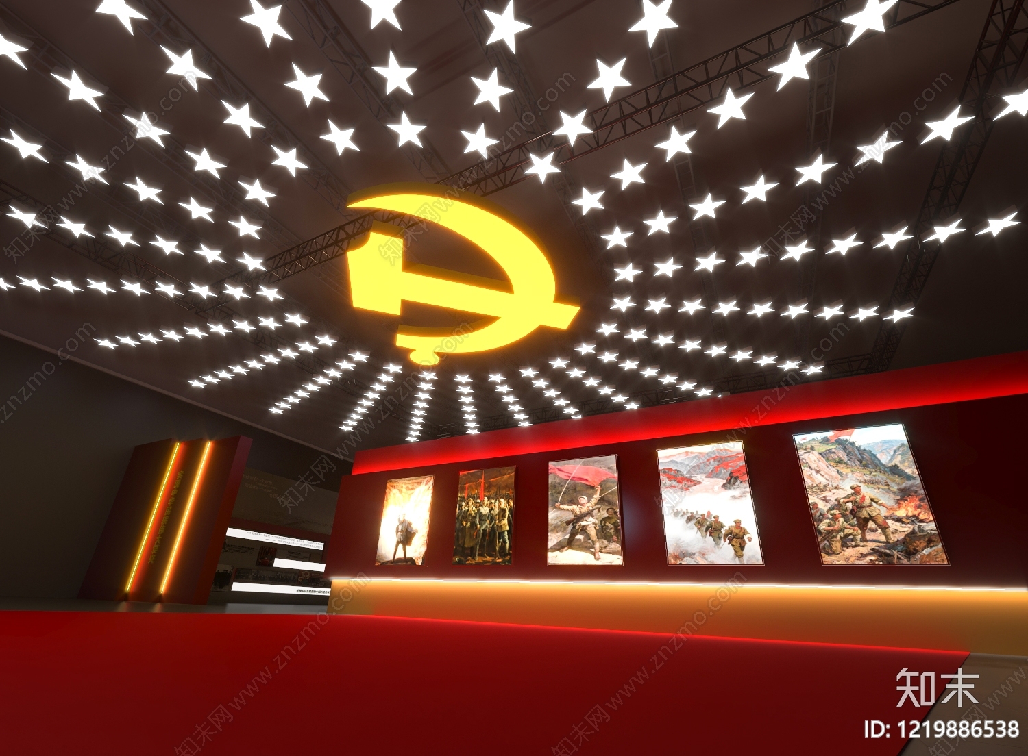 红色主题展馆风格党建展厅3D模型渲染效果图