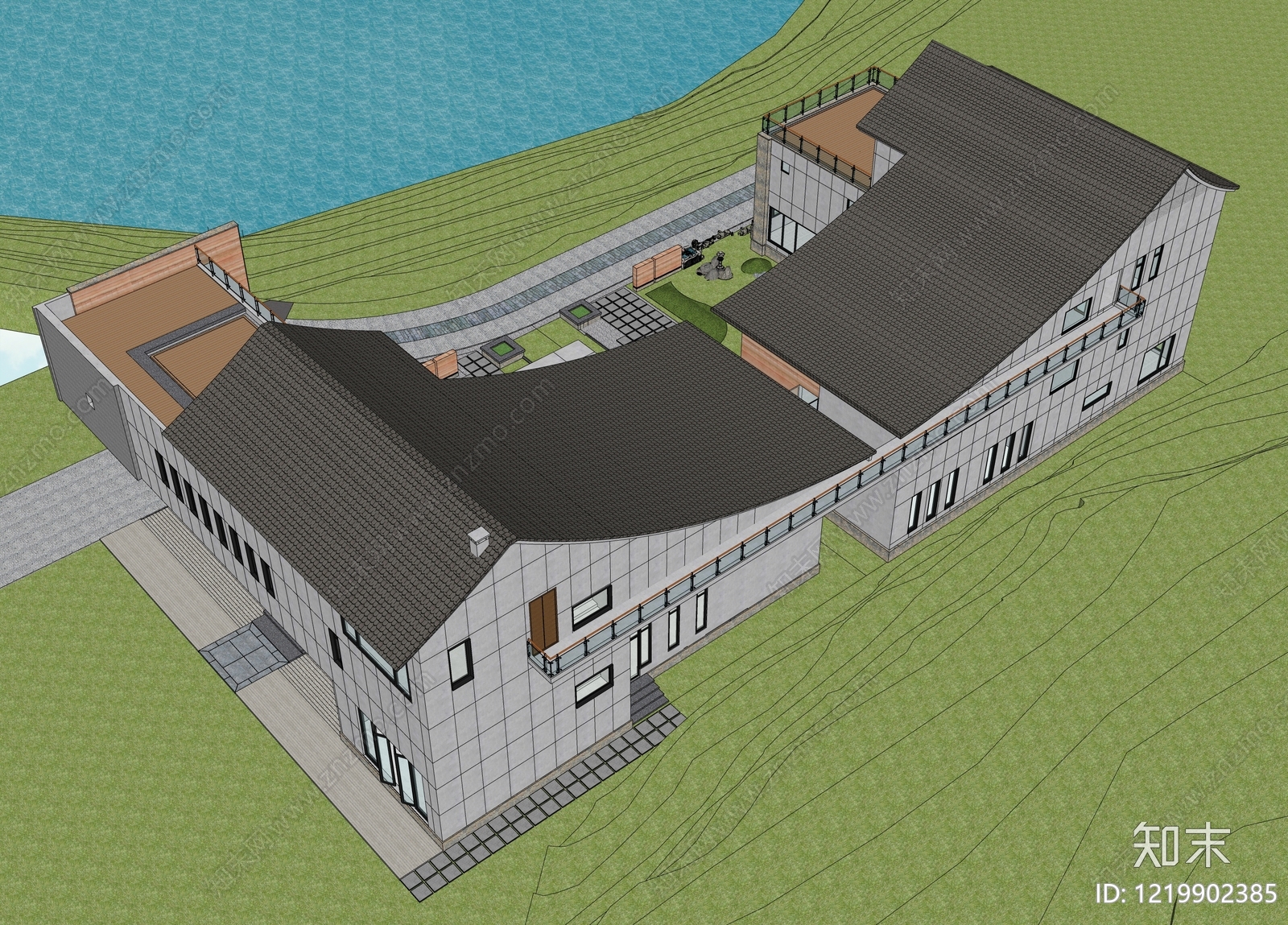 新中式民宿建筑SU模型下载【ID:1219902385】