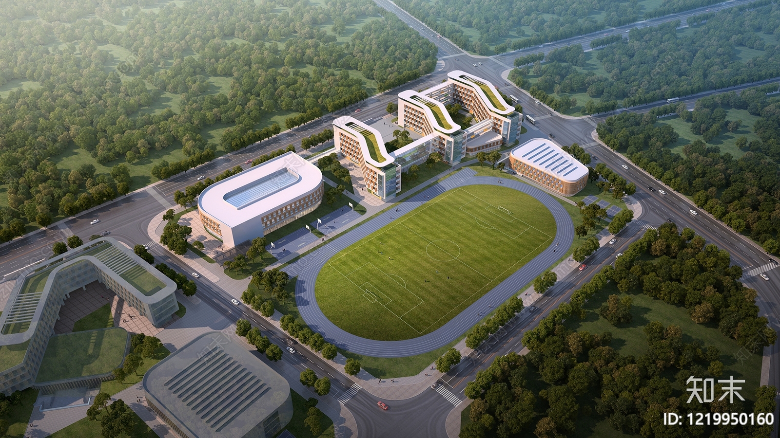 现代主义学校外观3D模型渲染效果图