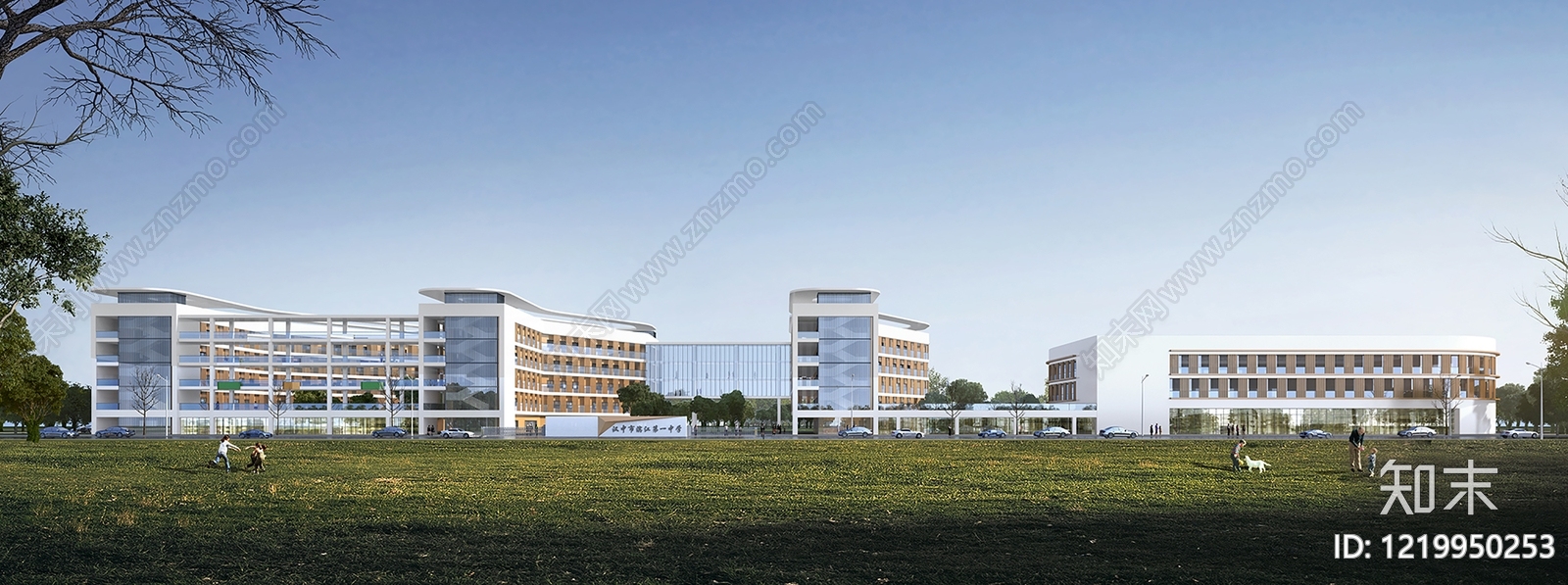 现代主义学校外观3D模型渲染效果图