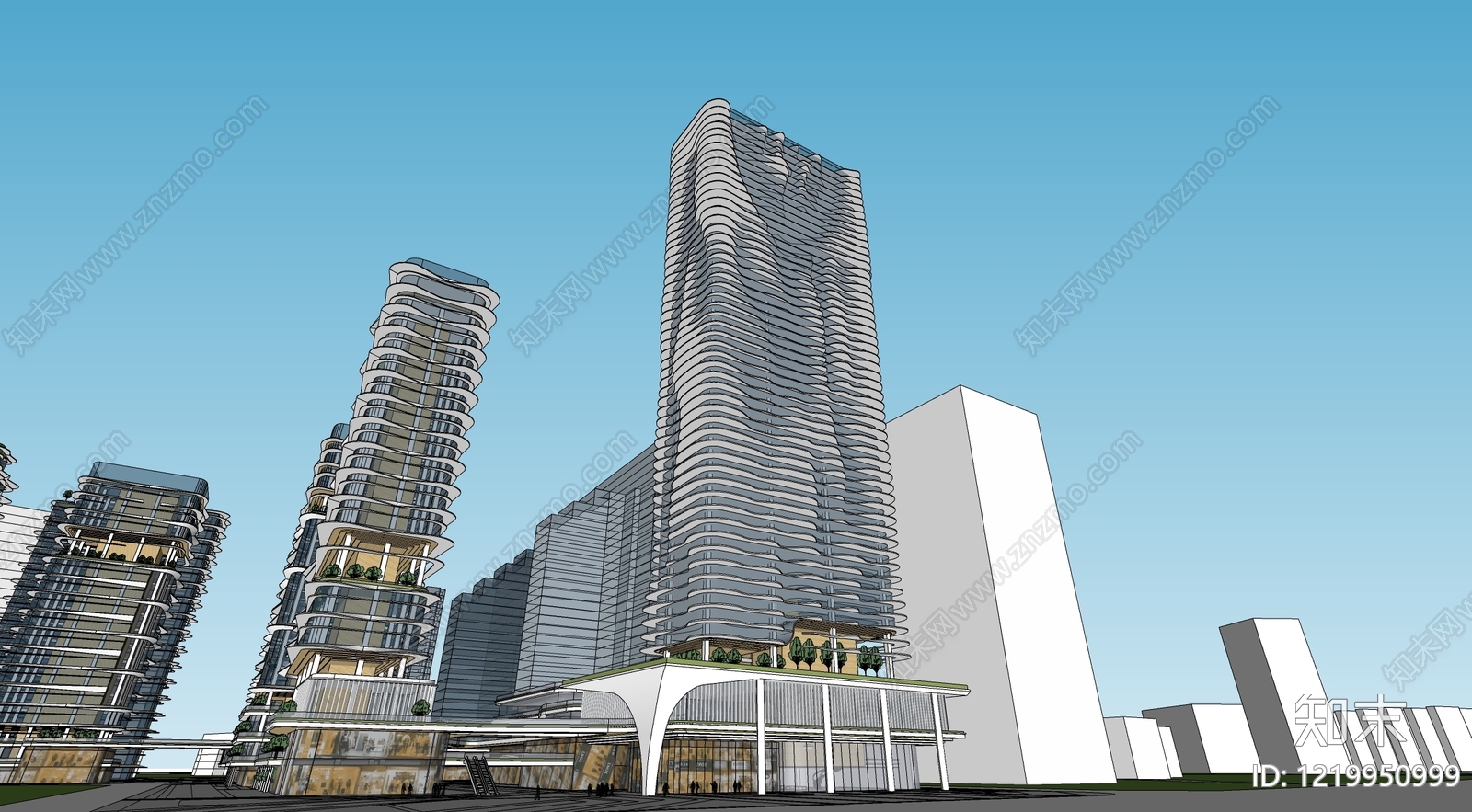 现代主义商业综合体景观SU模型下载【ID:1219950999】