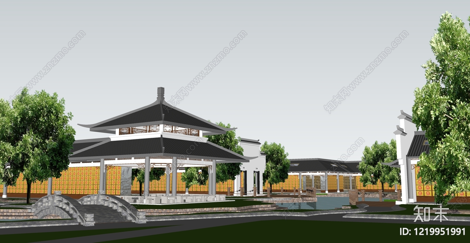 新中式寺庙建筑SU模型下载【ID:1219951991】