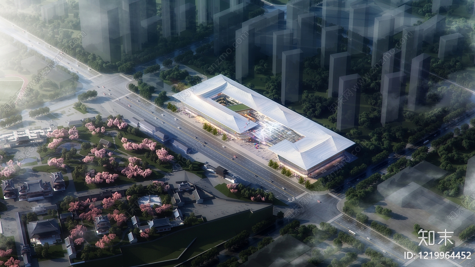 新中式车站外观3D模型渲染效果图