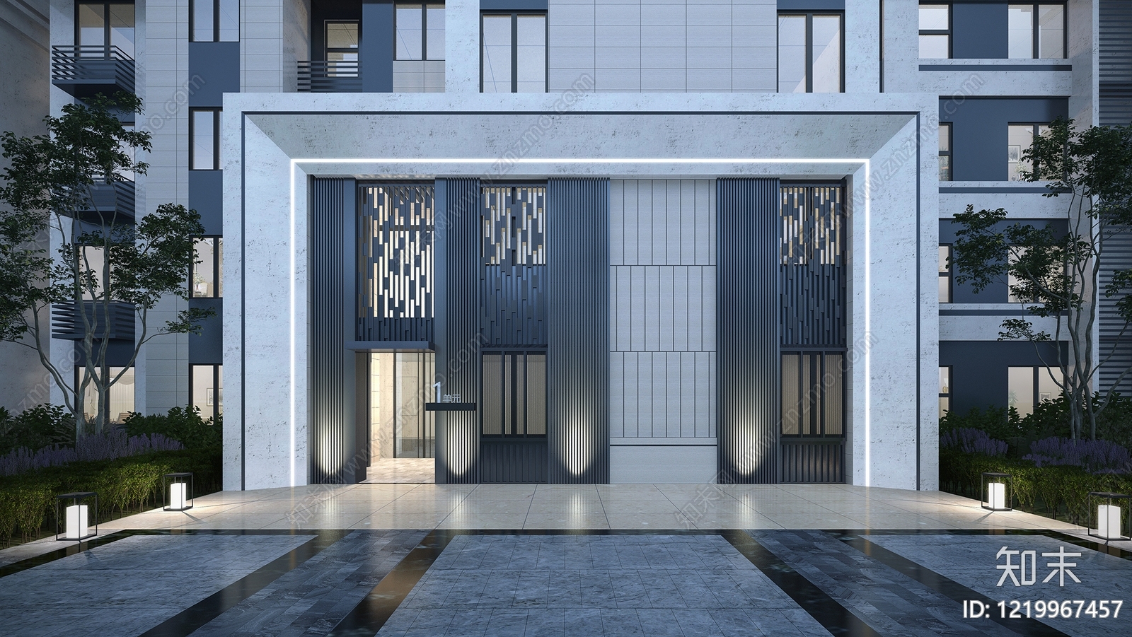 现代主义小高层住宅楼3D模型渲染效果图