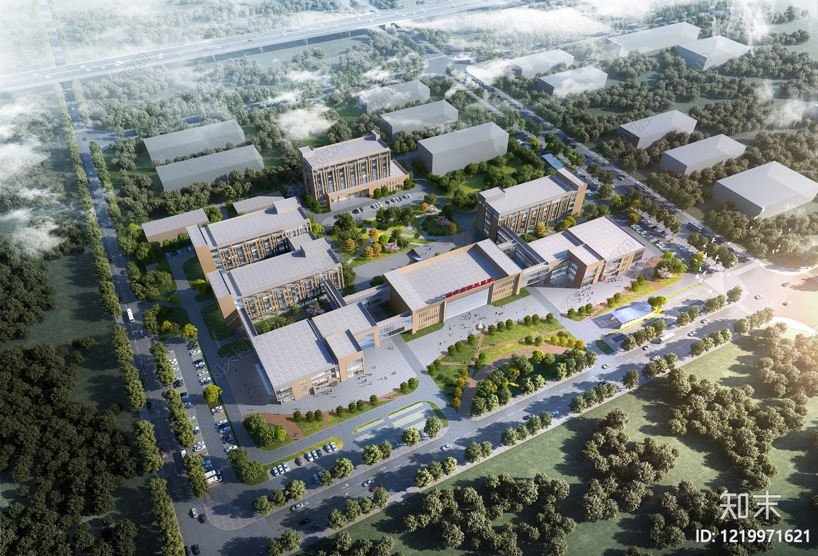现代主义学校外观3D模型渲染效果图