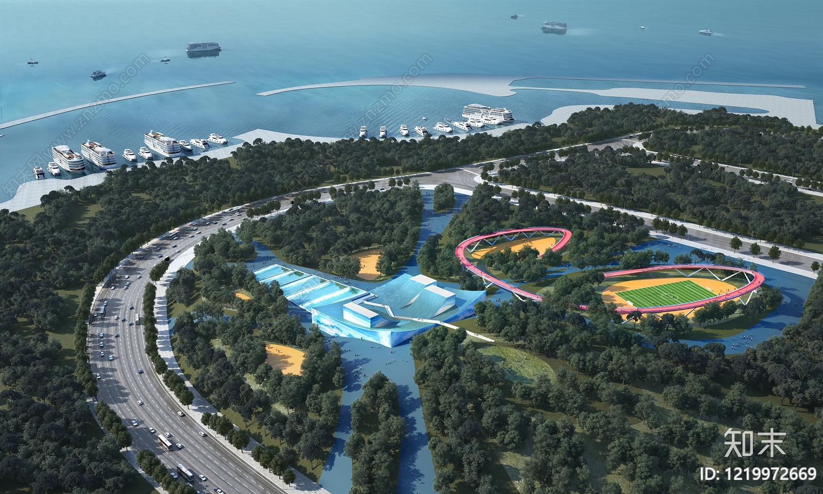 现代主义体育场馆景观3D模型渲染效果图
