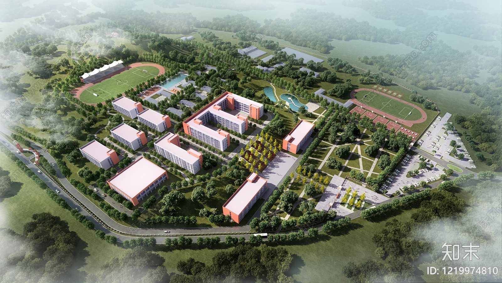 现代主义学校外观3D模型渲染效果图