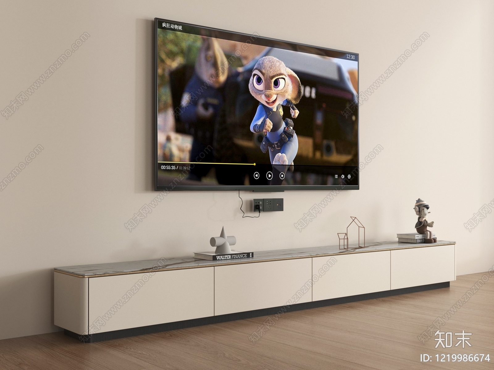奶油风电视柜3D模型渲染效果图