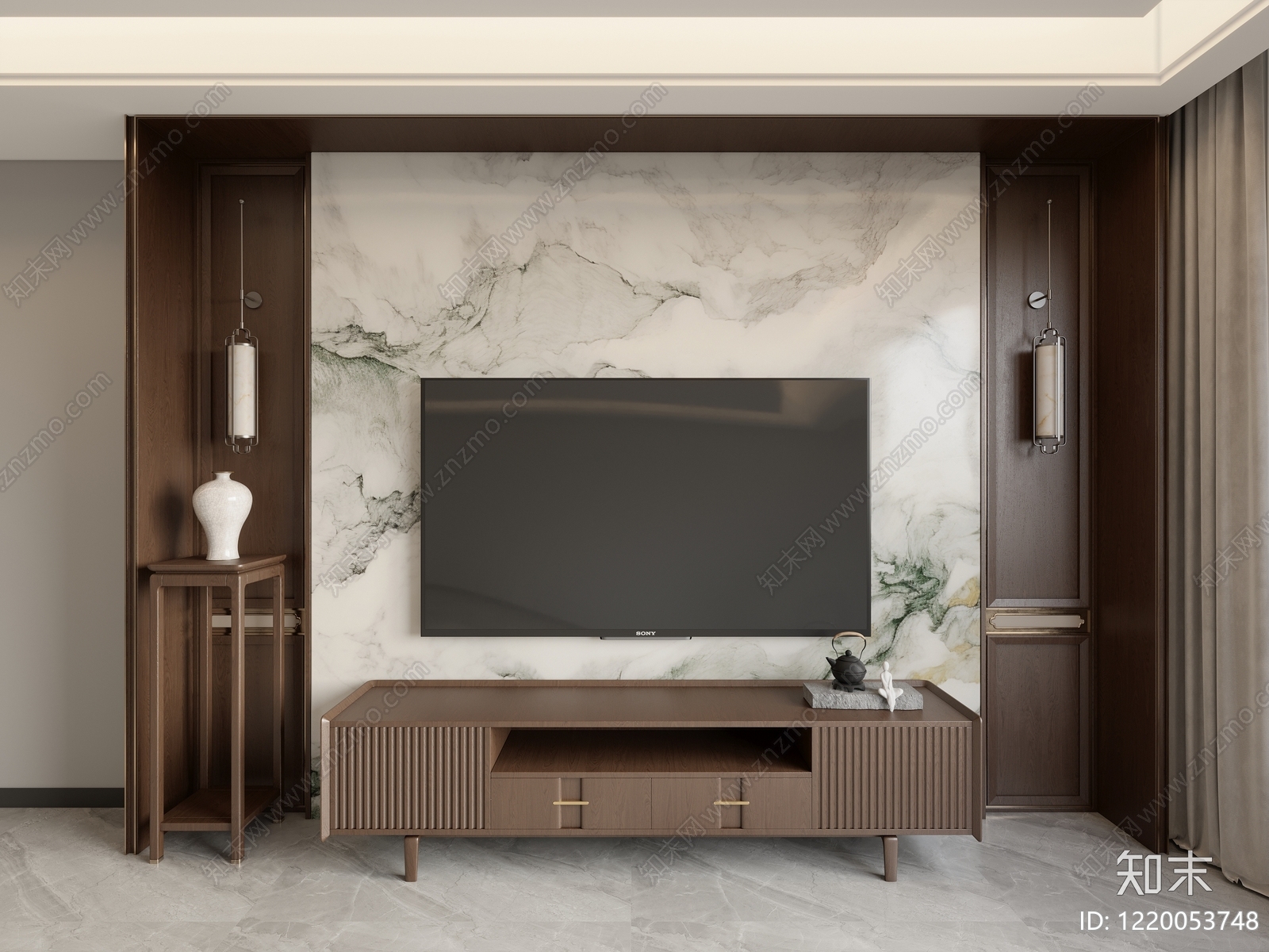 新中式电视柜3D模型渲染效果图