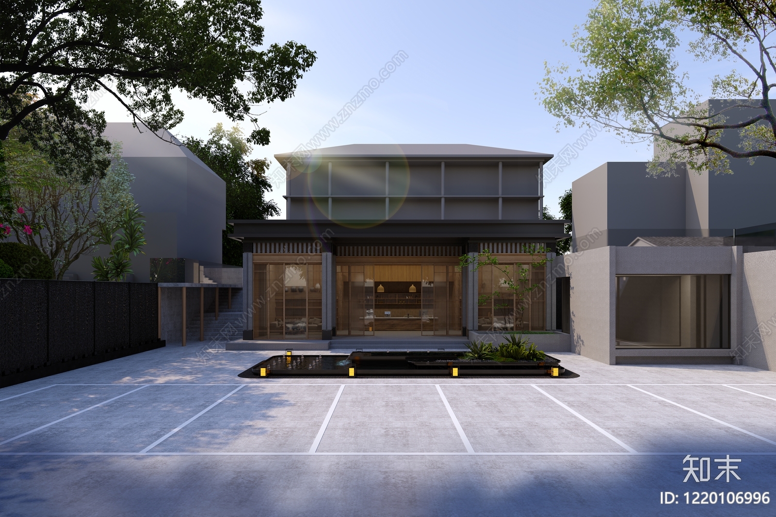 新中式别墅外观3D模型下载【ID:1220106996】